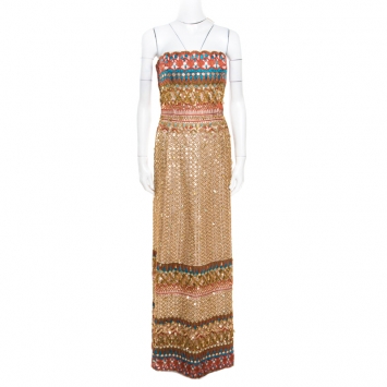 Pre Owned Oscar de la Renta Multicolor Embroidered Sequin Embellished Strapless Gown L