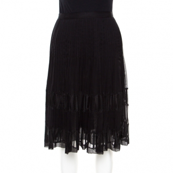 Pre Owned Oscar de la Renta Black Pleated Silk Lace Insert Skirt L