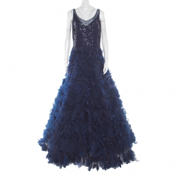 Pre Owned Oscar de la Renta Navy Blue Embellished Tulle Faux Feather Gown XL