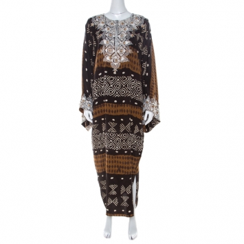 Pre Owned Oscar De La Renta Brown Tribal Print Silk Embroidered Kaftan Dress M