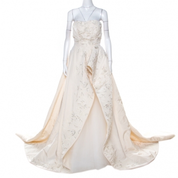 Pre Owned Oscar de la Renta Off White Embellished Silk Strapless Layered Tulle Wedding Gown L