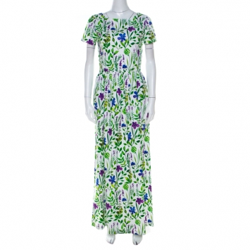 Pre Owned Oscar de la Renta Multicolor Floral Print Cotton Gathered Maxi Dress S