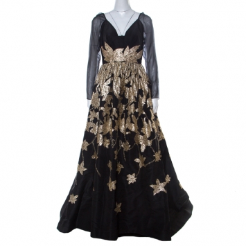 Pre Owned Oscar de la Renta Black Silk Sequined Applique Detail Sheer Sleeve Gown M