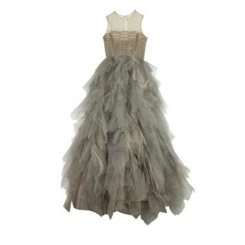 Pre Owned Oscar de la Renta Sand Tulle Sleeveless Gown M