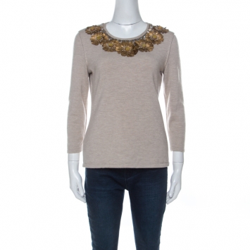 Pre Owned Oscar de la Renta Beige Cashmere Floral Feather Embellished Top M 