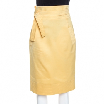 Pre Owned Oscar de la Renta Yellow Silk Waist Tie Detail Pencil Skirt M