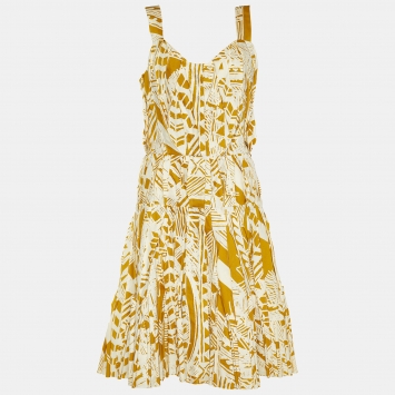 Pre Owned Oscar de la Renta Yellow/White Printed Pleated Sleeveless Dress M