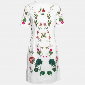 Pre Owned Oscar de la Renta White Floral Printed Cotton Short Sleeve Dress L