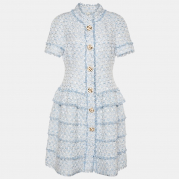 Pre Owned Oscar de la Renta Light Blue Boucle Tiered Mini Dress XL