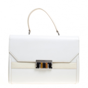 Pre Owned Oscar de la Renta White/Cream Leather Top Handle Bag