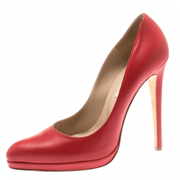 Pre Owned Oscar De La Renta Red Leather Pointed Toe Pumps Size 40.5
