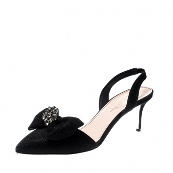Pre Owned Oscar De La Renta Black Glitter Fabric Samie Bow Slingback Sandals Size 40