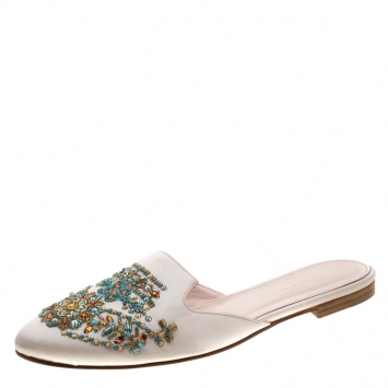 Pre Owned Oscar De La Renta Beige Embellished Satin Calista Flat Mules Size 41