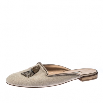 Pre Owned Oscar de la Renta Grey Embellished Canvas Slides Mules Size 41