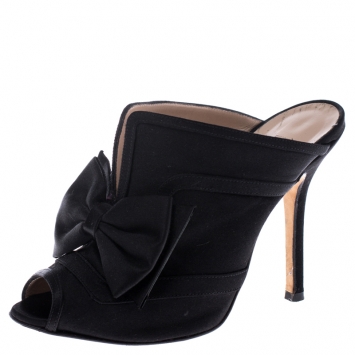 Pre Owned Oscar de la Renta Black Satin Marilous Bow Open Toe Mules Size 36