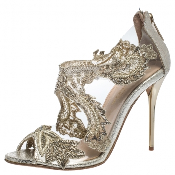 Pre Owned Oscar de la Renta Gold PVC and Leather Ambria Embellished Cut Out Sandals Size 38.5