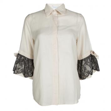 Pre Owned Paul and Joe Cream Contrast Scallop Lace Cuff Detail Shirt L