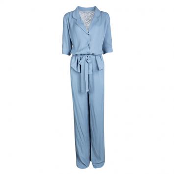 Pre Owned Paul and Joe Powder Blue Crepe Floral Lace Back Detail Wide Leg Vahine Jumpsuit L