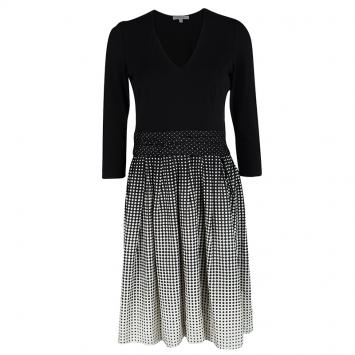 Pre Owned Paule Ka Monochrome Dotted Skirt Detail Long Sleeve Dress S
