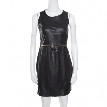 Pre Owned Paule Ka Black Lamb Leather Zip Detail Sleeveless Dress M