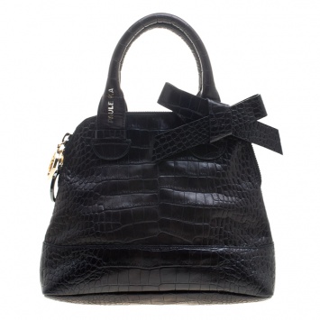 Pre Owned Paule Ka Black Croc Embossed Leather Bow Satchel