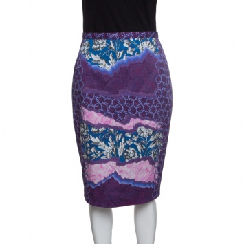 Pre Owned Peter Pilotto Shard Violet Printed Stretch Cotton Pencil Skirt M