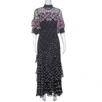 Pre Owned Peter Pilotto Black Floral Print Lace Paneled Ruffled Silk Georgette Dress S