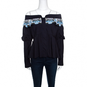 Pre Owned Peter Pilotto Navy Cotton Lace Detail Off Shoulder Top L