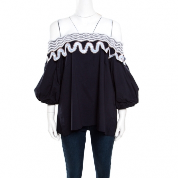 Pre Owned Peter Pilotto Navy Blue Cotton Lace Trim Off Shoulder Pallas Top M