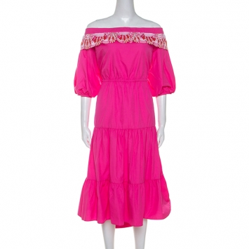 Pre Owned Peter Pilotto Pink Cotton Embroidery Detail Off-Shoulder Pallas Dress L