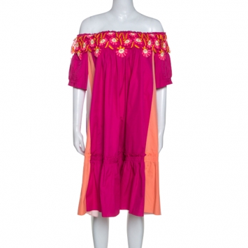 Pre Owned Peter Pilotto Pink Cotton Lace Detail Panelled Off-Shoulder Dress L