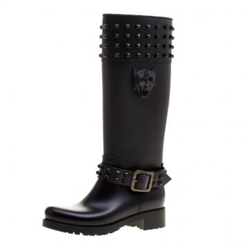 Pre Owned Philipp Plein Black Rubber Kingdom Studded Rain Boots Size 38