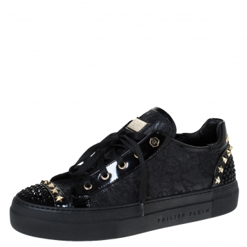 Pre Owned Philipp Plein Black Lace And Patent "Got You" Low Top Sneakers Size 40