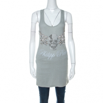 Pre Owned Philipp Plein Grey Cotton Crystal Skull Embellished Sleeveless Tank Top XS 
