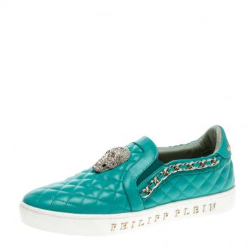 Pre Owned Philipp Plein Turquoise Quilted Leather Crystal Embellished Skull Slip On Sneakers Size 37
