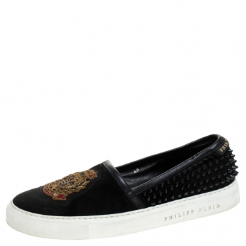Pre Owned Philipp Plein Black Suede Spike Embellished Slip On Sneakers Size 40