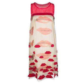 Pre Owned Philosophy di Alberta Ferretti SS'10 Red and Beige Lip Applique Detail Sleeveless Dress S