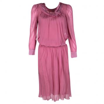 Pre Owned Philosophy di Alberta Ferretti Pink Silk Frayed Neck Detail Long Sleeve Dress S