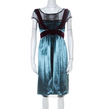 Pre Owned Philosophy di Alberta Ferretti Teal Blue Velvet Lace Short  Dress S