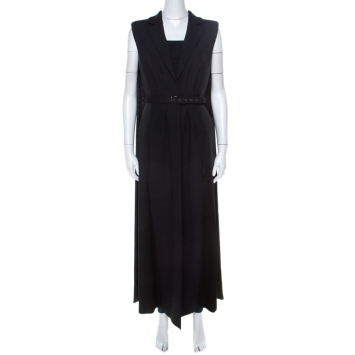 Pre Owned Philosophy Black Wool and Satin Padded Shoulder Detail Sleeveless Long Vest M 