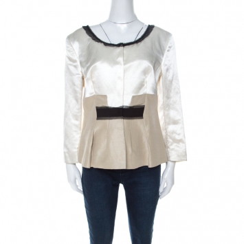 Pre Owned Philosophy di Alberta Ferretti White and Beige Silk and Linen Lace Trimmed Jacket L 