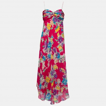 Pre Owned Polo Ralph Lauren Pink Floral Silk Spaghetti Strap Midi Dress M