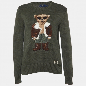Pre Owned Polo Ralph Lauren Olive Green Bear Intarsia Knit Crew Neck Sweater S