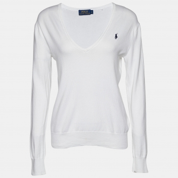 Pre Owned Polo Ralph Lauren White Cotton Knit V-Neck Jumper M