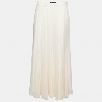 Pre Owned Polo Ralph Lauren Off White Chiffon Midi Skirt L