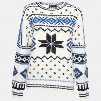 Pre Owned Polo Ralph Lauren White & Blue Patterned Wool Sweater S