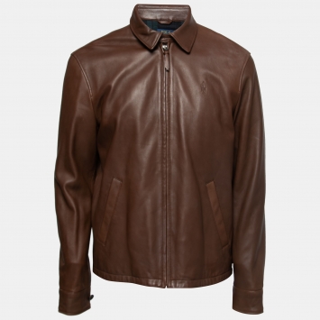 Pre Owned Polo Ralph Lauren Brown Leather Zip-Up Jacket M