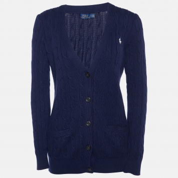 Pre Owned Polo Ralph Lauren Navy Blue Cable Knit Button Front Cardigan M