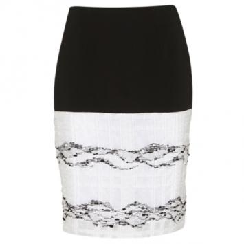 Pre Owned Prabal Gurung Black and White Wool-Crepe Organza-Trim Skirt L