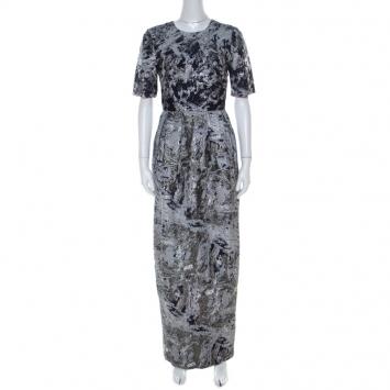 Pre Owned Prabal Gurung Metallic Silver & Navy Jacquard Short Sleeve Dress S